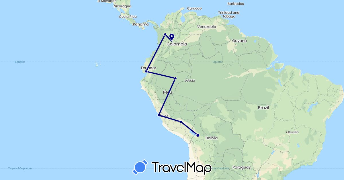 TravelMap itinerary: driving in Bolivia, Colombia, Ecuador, Peru (South America)